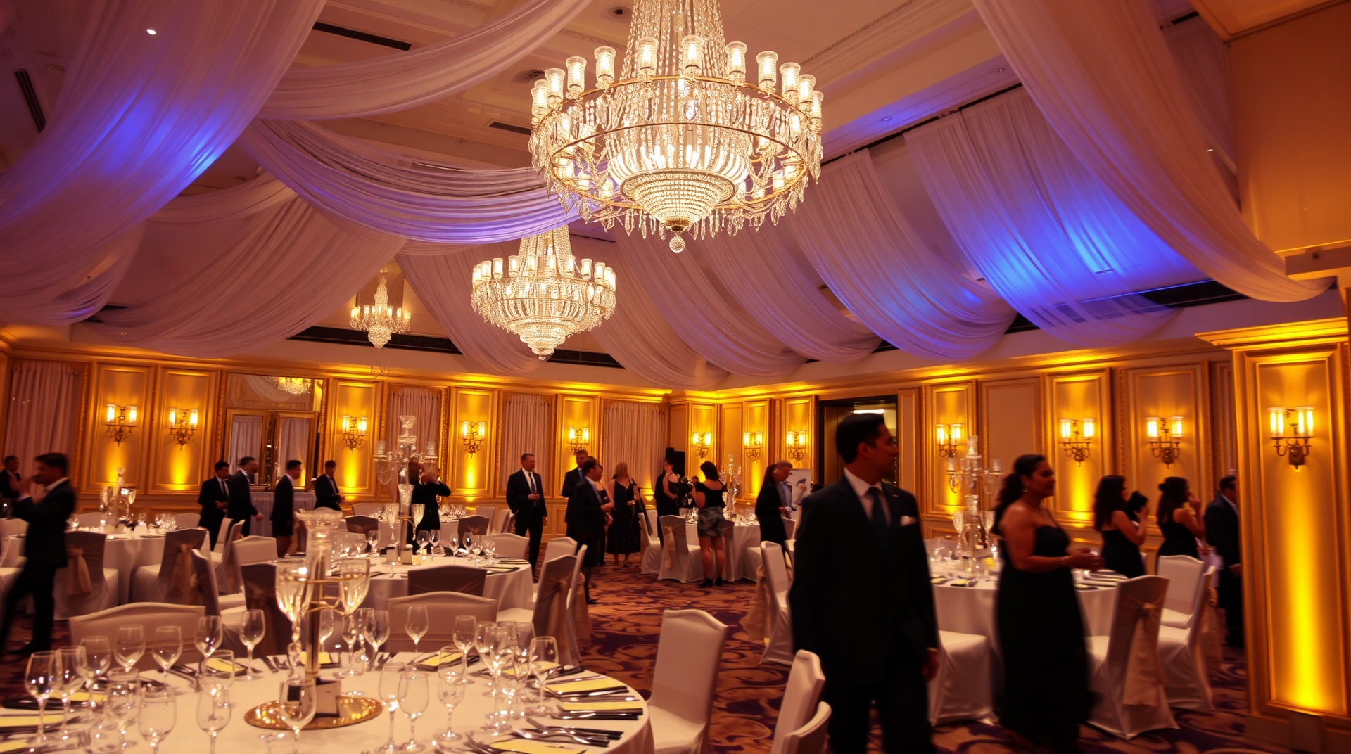 Luxury event ballroom with elegant gold chandeliers and floral arrangements